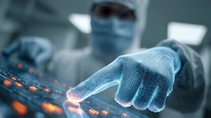 Innovative technology illuminates laboratory as scientist interacts with futuristic touchscreen, activating glowing icons with a touch of holographic hand - Powered by Adobe