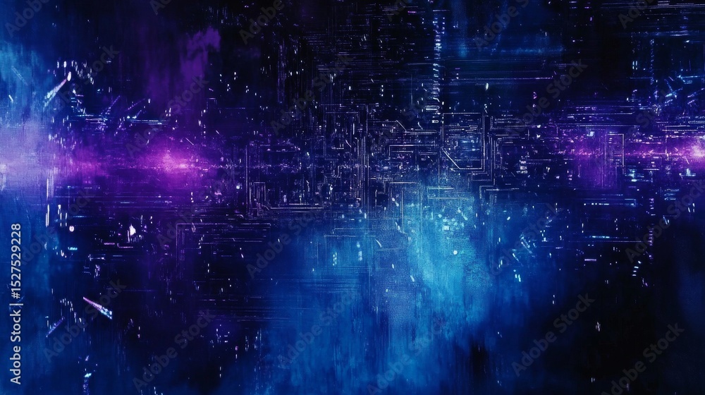 Poster futuristic blue and purple technology background with glowing circuit board design, abstract digital