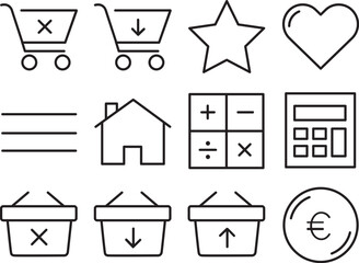 Collection of Simple Line Icons Shopping Cart, Home, Star, Heart, Calculator, and More – Perfect for UI Design Projects