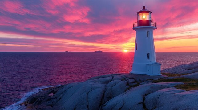 Lighthouse on a rocky shore at sunset, with vibrant colors symbolizing exploration and hustle adventure.