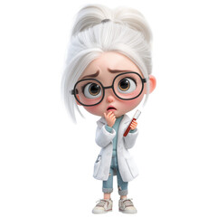 Worried 3D rendered cartoon scientist with a bun and glasses, wearing a lab coat and holding a test tube, biting her nails with a concerned and anxious expression, isolated on a transparent background