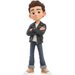 Confident 3D rendered cartoon boy with brown hair, wearing a black leather jacket and jeans, standing with his arms crossed and a cool, calm expression, isolated on a transparent background