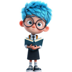Thoughtful 3D rendered cartoon student with spiky blue hair, wearing glasses and a school uniform, holding an open book with a puzzled expression, isolated on a transparent background