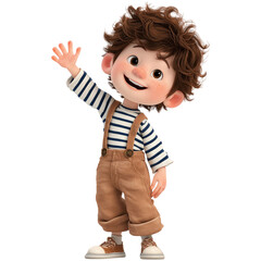 Cheerful 3D rendered cartoon boy with wavy brown hair, wearing a striped long-sleeve shirt and brown corduroy overalls, waving hello with a friendly and happy expression, isolated on a transparent bac