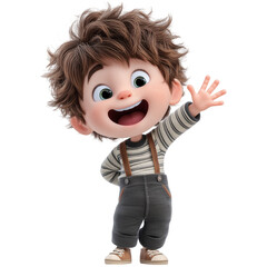 Happy 3D rendered cartoon boy with wavy brown hair, wearing a striped shirt and corduroy overalls, waving hello with a friendly smile, isolated on a transparent background
