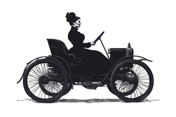 Fototapeta premium Vintage car illustration featuring a woman in formal attire driving an early automobile against a white background, capturing the spirit of the late 19th century