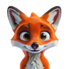 Obraz premium 3d funny cartoon sly fox face close-up, isolated, on white background. Comic character, funny print, illustration for ironic advertising, sketch for logo.