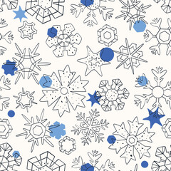 Seamless pattern of openwork snowflakes on white background. Pattern with snowflakes for winter holiday products. Flat vector illustration.