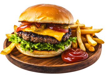 Classic cheeseburger with fries and ketchup on a rustic wooden platter against black