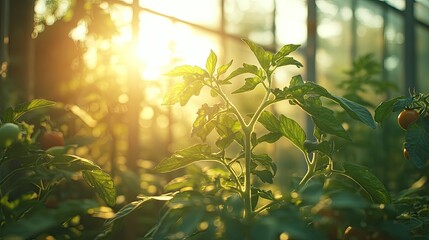 Lush tomato plants bask in sunlight within a greenhouse, symbolizing growth and sustainable farming practices.