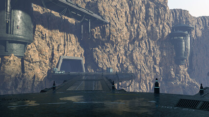 Science fiction fantasy futuristic industrial or military base environment background. 3D render.