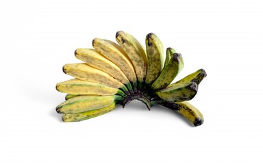 A bunch of bananas, some yellow and some green, are arranged on a white background, creating a...
