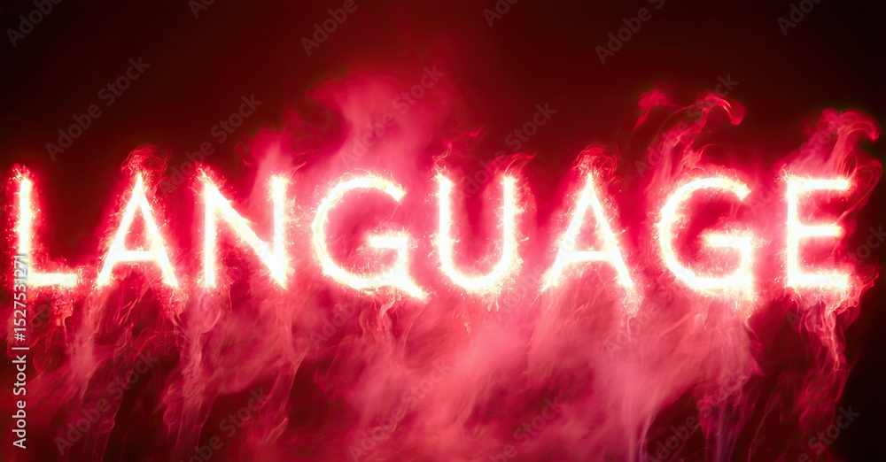 Poster Bright word LANGUAGE glows with fiery red effects. Dramatic lighting creates intense visual impact. Bold text dominates dark background.