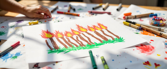 Child's drawing of a burning forest on a messy art table, environmental awareness