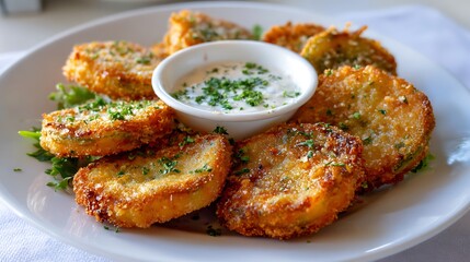 Crispy Fried Zucchini Slices with Herbed Yogurt Dip