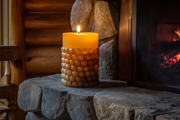 burning candle in the fireplace