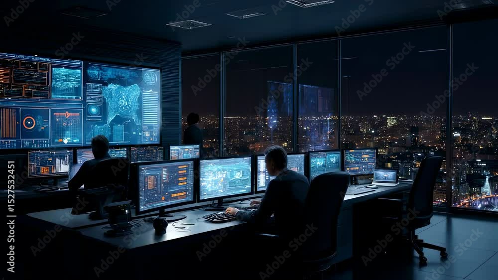 Aufkleber network operations center specialists monitoring cybersecurity threats on multiple screens in modern