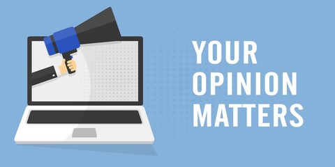 Banner con megafono e testo la tua opinione conta. in stile piatto. Isolato sullo sfondo. - illustrazioni
