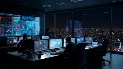 Network operations center specialists monitoring cybersecurity threats on multiple screens in modern office, overlooking dramatic nighttime cityscape with complex data visualizations - Powered by Adobe