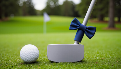 Silver golf putter with navy bow tie on green, Father's Day gift idea in sports styling