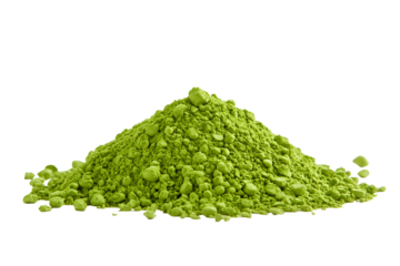 Vibrant pile of green matcha powder on a stark black background for concept
