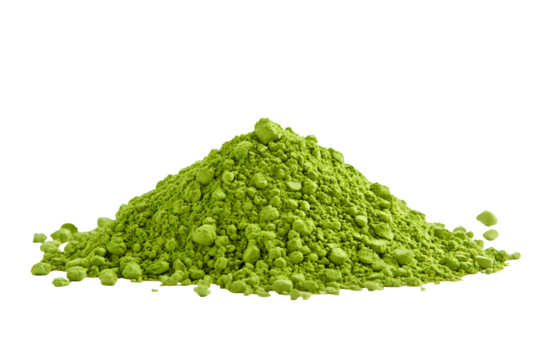 Vibrant pile of green matcha powder on a stark black background for concept