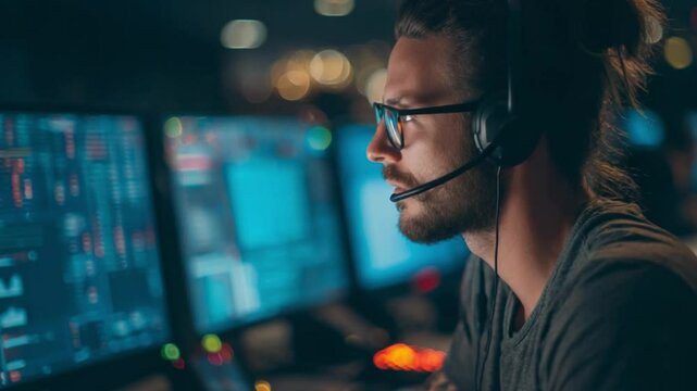 Focused Gamer Immersed in the Digital Realm: A focused gamer, engrossed in a competitive gaming session at night, complete with a headset and glasses, navigates the complex digital interface.