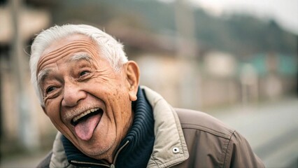 Happy elderly man with flat cap making a funny face, sticking out tongue outdoors. Senior humor, joyful expression, active lifestyle, old age happiness concept.