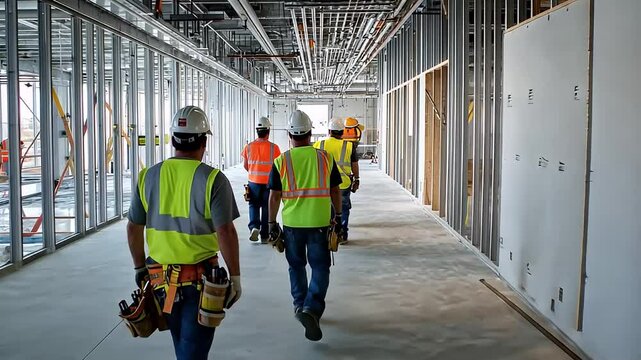 Construction Workers Walking Through An Interior Building Hallway Wearing Safety Vests and Hard Hats