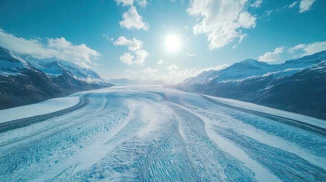 Melting glaciers under bright sun displaying nature's impact and climate shift in aerial photography