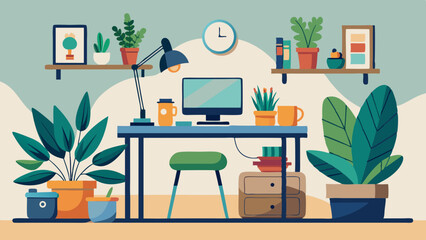 Cozy Home Office Workspace with Laptop and Indoor Plants Illustration
