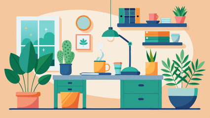 Cozy Home Office Workspace with Laptop and Indoor Plants Illustration