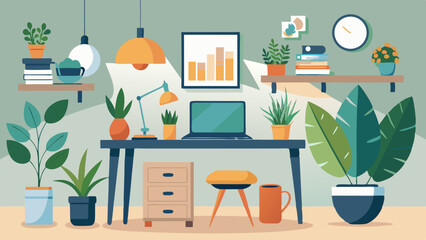 Cozy Home Office Workspace with Laptop and Indoor Plants Illustration