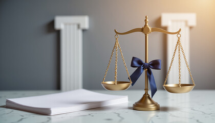 Bronze scales with navy bow tie on marble - Legal balance, Father's Day symbolism