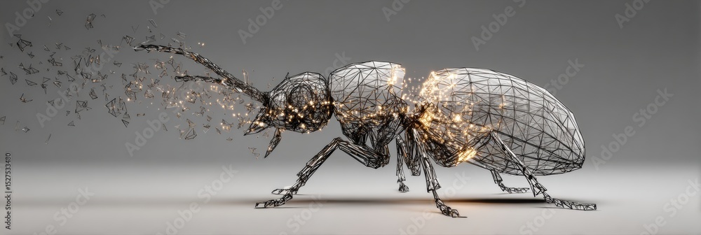 Poster 3D Wireframe Bug Symbol Breaking Apart in Striking Visual Design