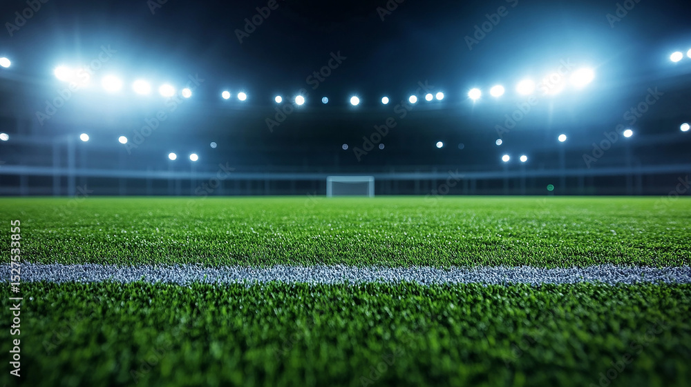 Poster floodlit soccer field at night. the white boundary line in the foreground leads the eye toward a dis