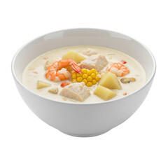 A delicious bowl of seafood chowder with shrimp, fish, and potatoes, garnished beautifully