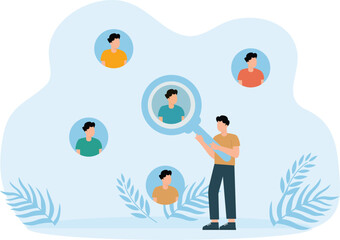 Advertising focus and customer centric marketing strategy to design products and services and entrepreneur with magnifying glass focus on customers users or people concept.
