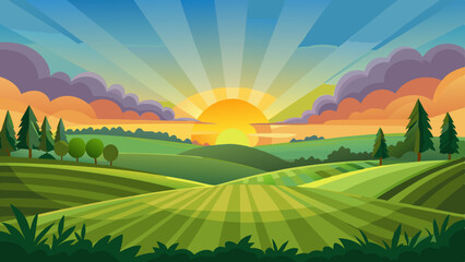 Obraz premium Colorful Sunrise Over Countryside Fields and Hills Illustration