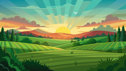 Fototapeta premium Colorful Sunrise Over Countryside Fields and Hills Illustration