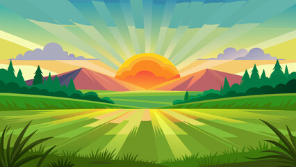 Obraz premium Colorful Sunrise Over Countryside Fields and Hills Illustration