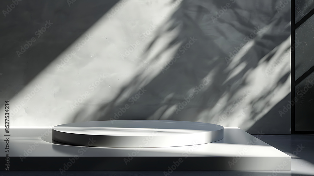 Aufkleber a minimalist white podium stands in a brightly lit room with shadows creating an abstract and modern