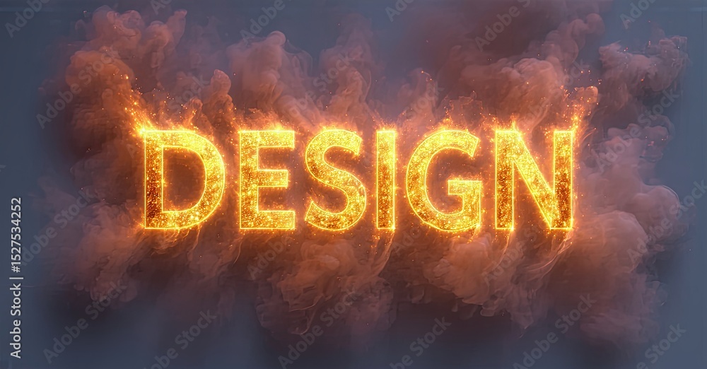 Poster fiery text spelling design amidst swirling smoke. dramatic lighting creates intense visual impact. b