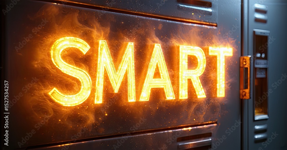 Poster glowing word smart displayed on metal locker door. bright orange illumination creates dramatic effec