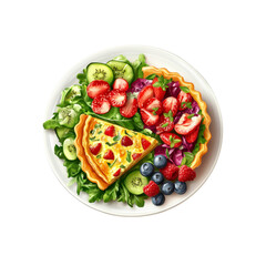 Delicious Strawberry Quiche with Fresh Salad and Berries on White Plate