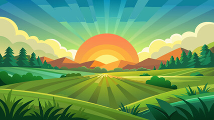 Obraz premium Colorful Sunrise Over Countryside Fields and Hills Illustration