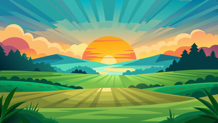 Obraz premium Colorful Sunrise Over Countryside Fields and Hills Illustration
