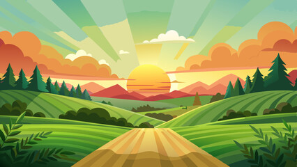 Colorful Sunrise Over Countryside Fields and Hills Illustration