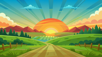 Obraz premium Colorful Sunrise Over Countryside Fields and Hills Illustration