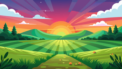 Obraz premium Colorful Sunrise Over Countryside Fields and Hills Illustration
